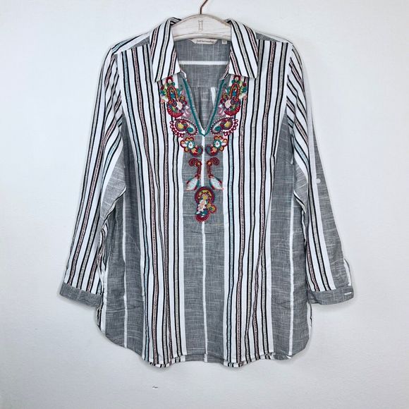 SOFT SURROUNDINGS Brookhaven Tunic Multi Embroidered Striped Petite Large PL Top - Picture 2 of 6